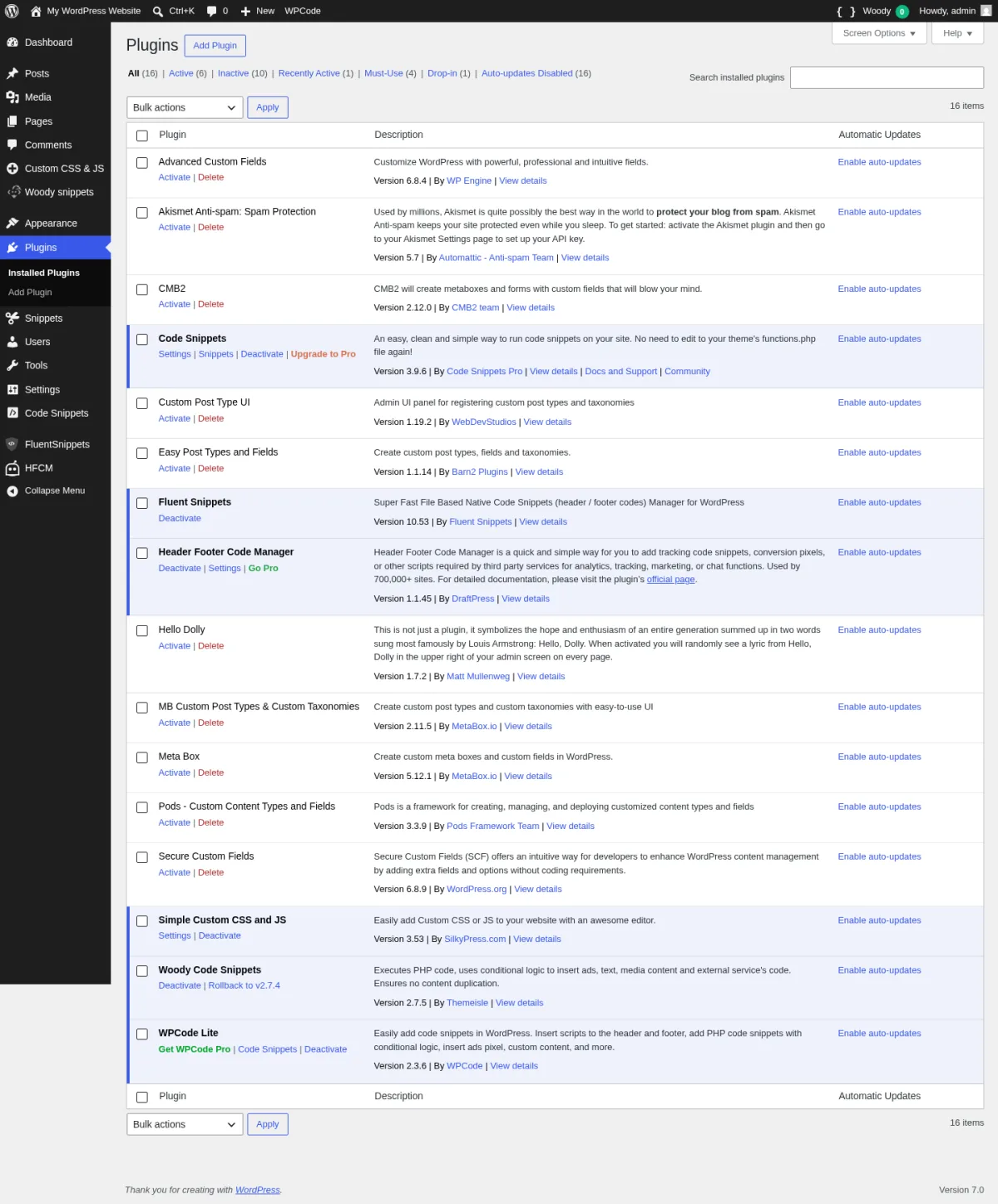 WordPress 7.0 Plugins admin page after installing the six free code snippets plugins under test: Code Snippets 3.9.6, Header Footer Code Manager 1.1.45, WPCode Lite 2.3.6, FluentSnippets 10.53, Simple Custom CSS and JS 3.53, and Woody Code Snippets 2.7.5, each with its full plugin description shown below the title.