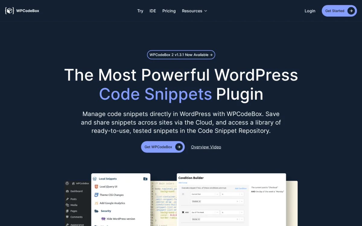 WPCodeBox 2 vendor homepage at wpcodebox.com on 2026-06-18, showing the The Most Powerful WordPress Code Snippets Plugin headline, the WPCodeBox 2 v1.3.1 release badge, the Get WPCodeBox CTA, the Overview Video link, and a UI mockup with the WPCodeBox admin sidebar, the snippet list, the Monaco code editor and the Condition Builder for grouped AND/OR conditional logic.