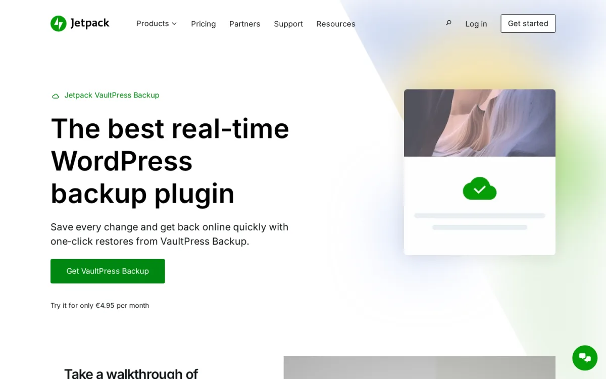 Jetpack VaultPress Backup upgrade page hero showing the Jetpack top navigation with Products / Pricing / Partners / Support / Resources, the The best real-time WordPress backup plugin heading, the Save every change and get back online quickly with one-click restores from VaultPress Backup subhead, the green Get VaultPress Backup CTA and the Try it for only EUR 4.95 per month introductory price.