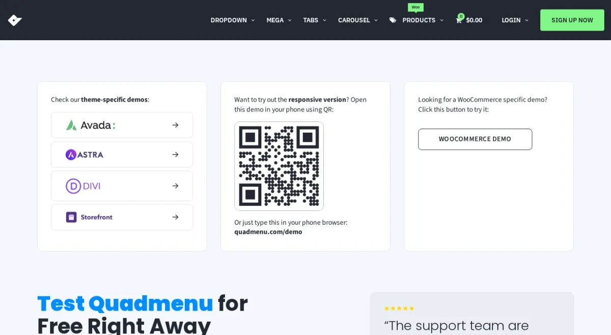 QuadMenu Corporate demo with Dropdown, Mega, Tabs and Carousel layout switchers visible in the top nav