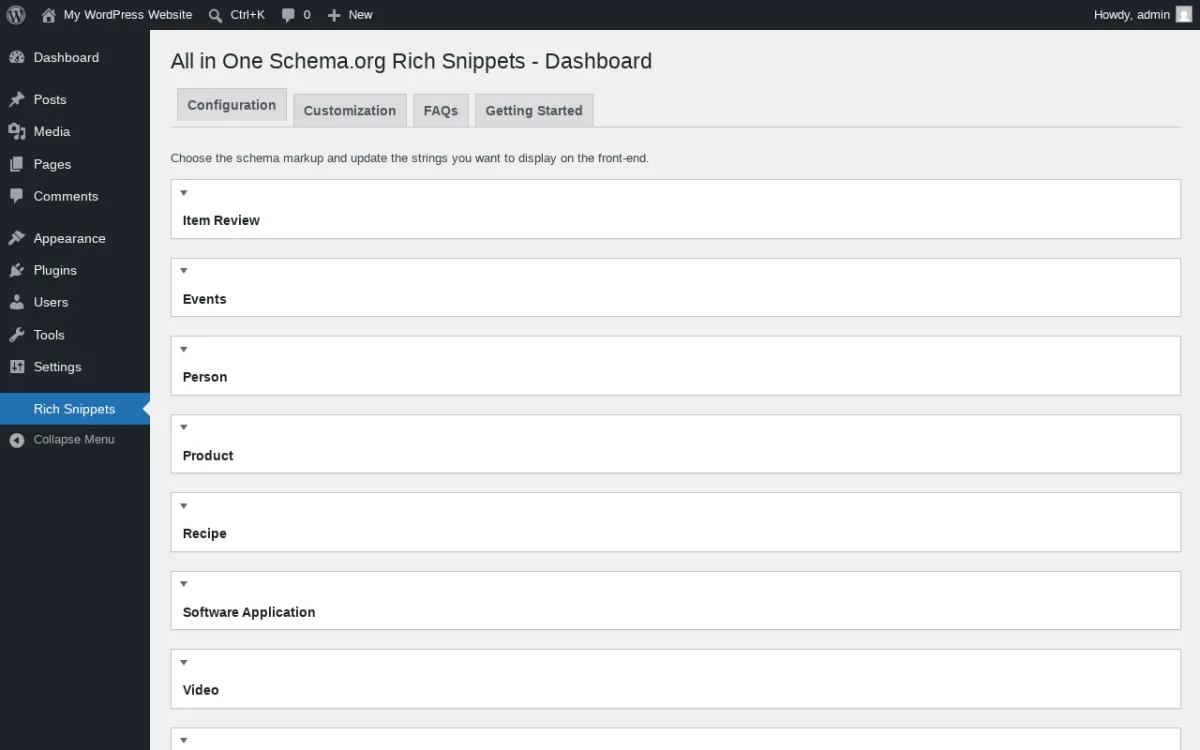 All in One Schema.org Rich Snippets v1.7.7 by Brainstorm Force inside a real clean WordPress 7.0 sandbox showing the Rich Snippets dashboard under a dedicated Rich Snippets sidebar menu, the four top tabs (Configuration, Customization, FAQs, Getting Started), the explanatory line Choose the schema markup and update the strings you want to display on the front-end, and the eight collapsible schema-type panels in order (Item Review, Events, Person, Product, Recipe, Software Application, Video, Article).