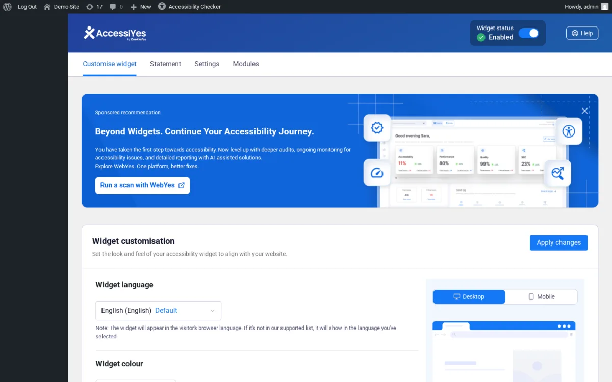 AccessiYes Customise widget tab in WordPress admin showing the Beyond Widgets sponsored panel from CookieYes, the Widget language dropdown, the Widget colour picker, and the Desktop and Mobile live preview tabs on the right