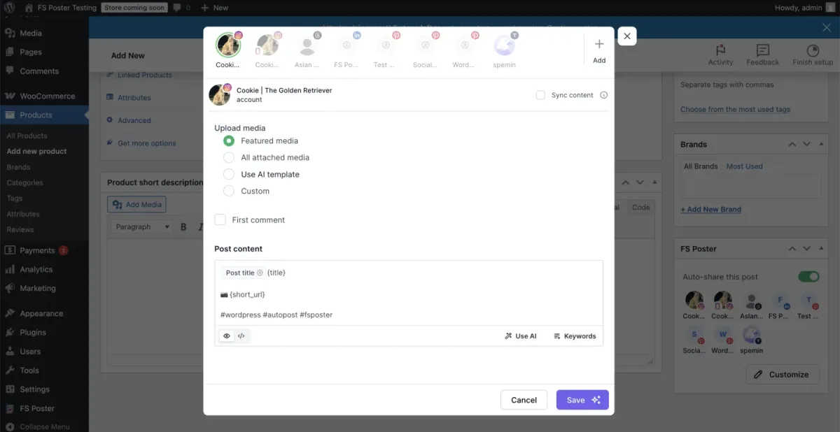 FS Poster Customize modal opened on a WooCommerce product edit screen, configuring per-channel auto-share content across the connected social channels with the Auto-share toggle enabled
