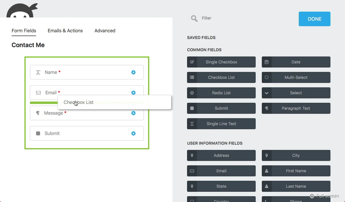 Ninja Forms drag-and-drop builder editing a Contact Me form, with Common Fields and User Information Fields panels on the right and a Name/Email/Message form on the left