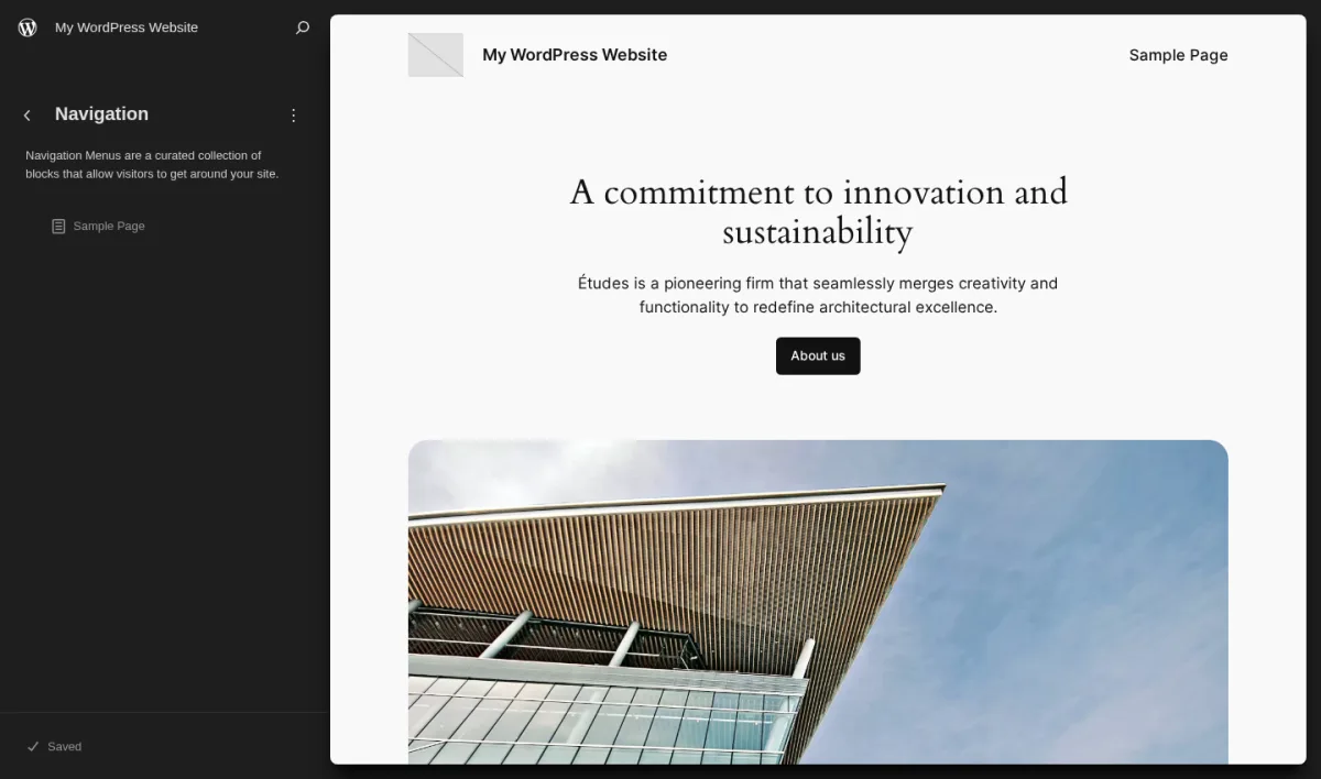 WordPress Site Editor showing the Navigation panel on the left with a Sample Page item and the live block-theme header preview on the right.
