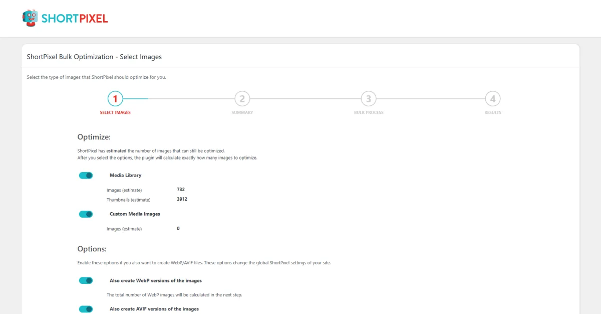 ShortPixel Bulk Optimization wizard step 1 Select images with Media Library and Custom Media Images toggles enabled, image and thumbnail count estimates, and Also create WebP and AVIF versions options.