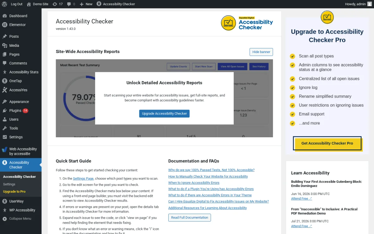 Equalize Digital Accessibility Checker dashboard in WordPress admin showing the Site-Wide Accessibility Reports panel, the Quick Start Guide, the Documentation and FAQs panel, and the Upgrade to Accessibility Checker Pro sidebar on the right