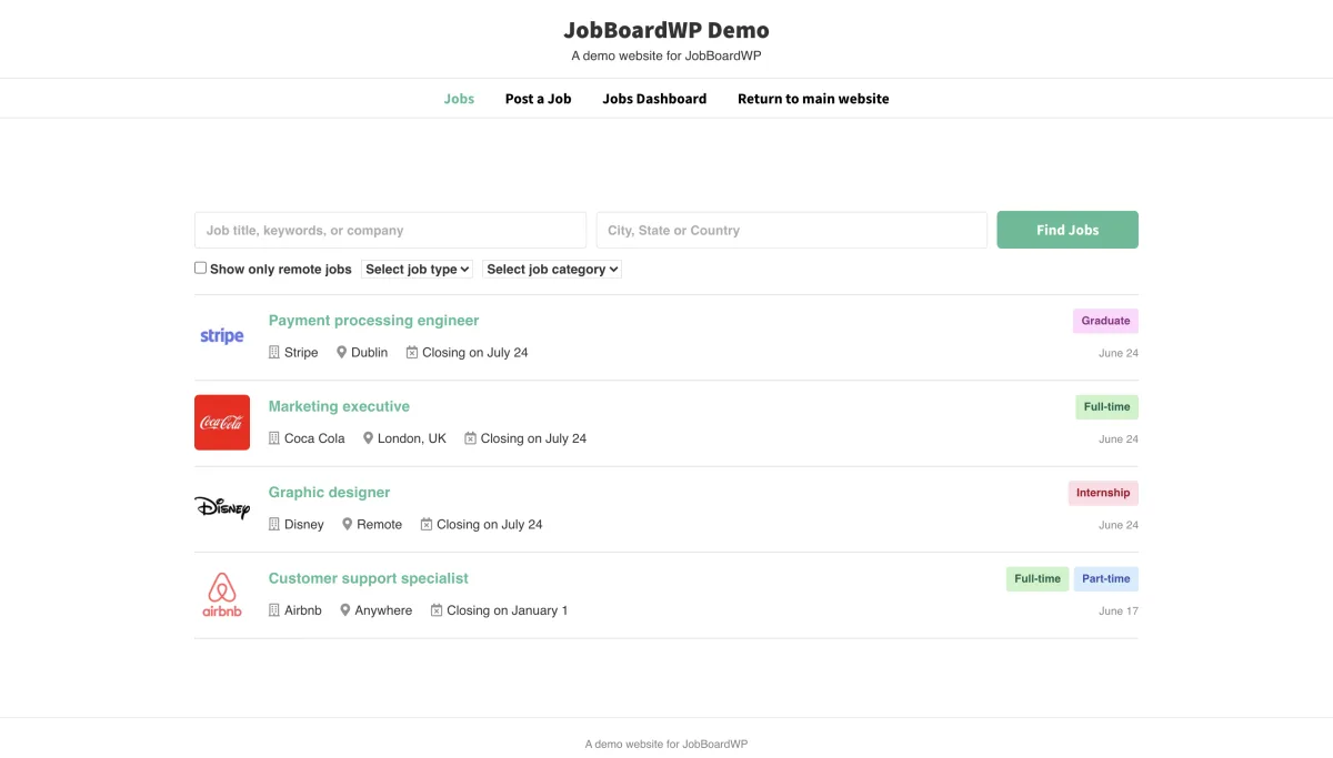 JobBoardWP demo showing frontend job listings with company logos for Stripe, Coca Cola, Disney, and Airbnb, with keyword and location search, job type filter, and category filter