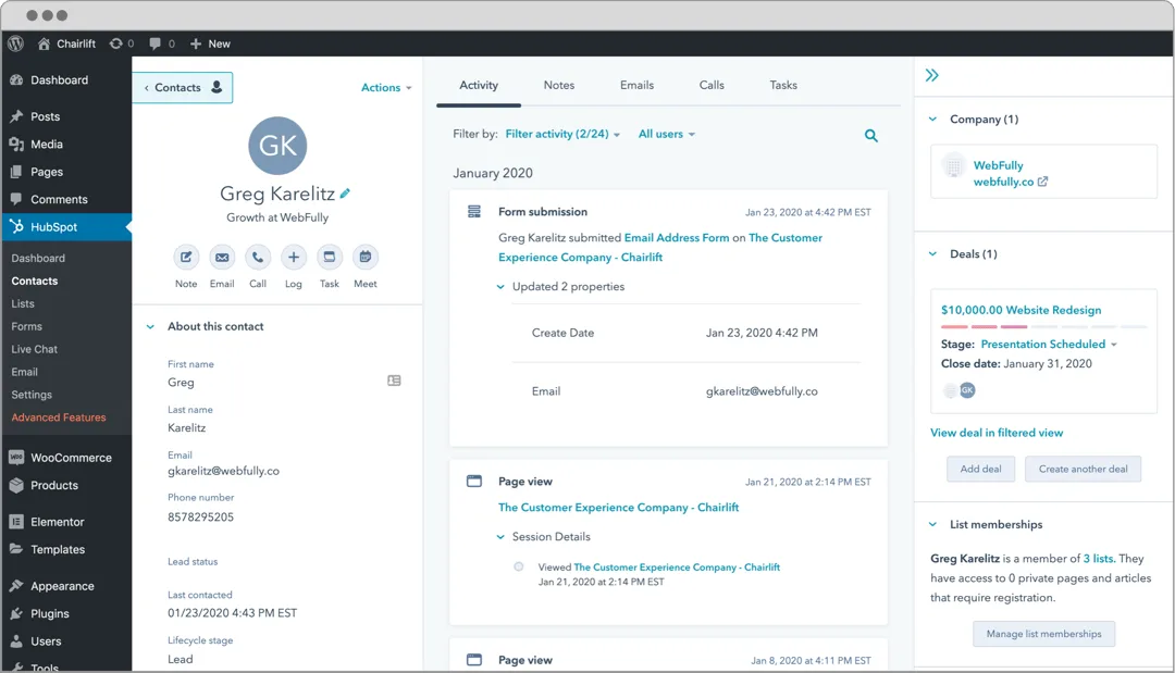 HubSpot Forms and Popups builder inside the HubSpot account showing the drag and drop popup editor with embedded contact form, slide-in box layout, and the popup performance analytics dashboard linked to the HubSpot CRM