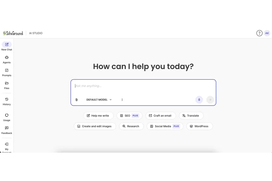 AI Agent by SiteGround&rsquo;s AI Studio chat interface