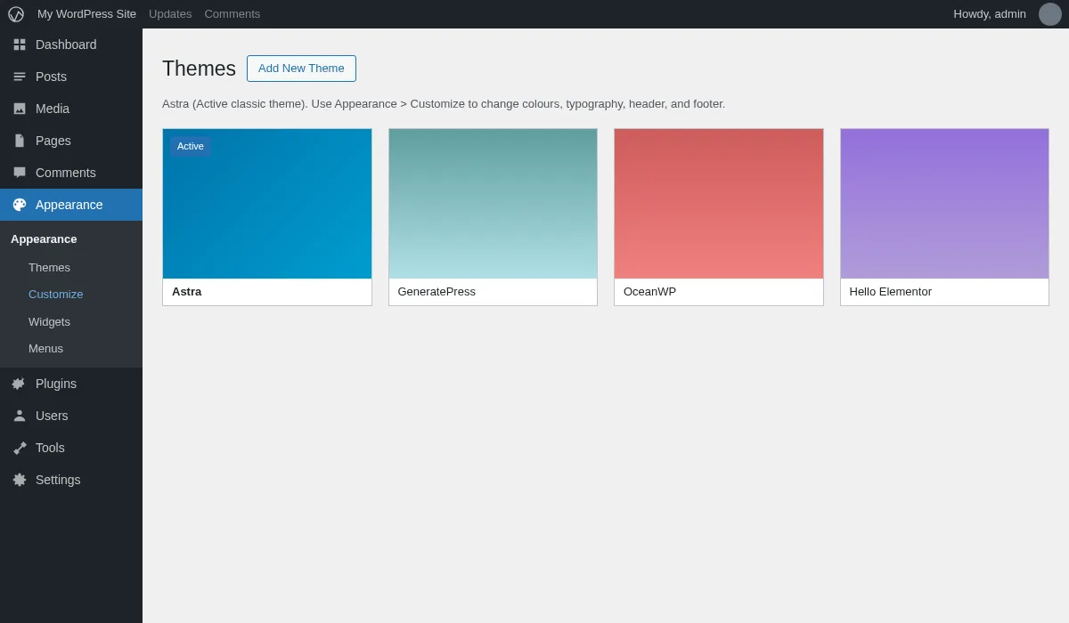 WordPress 7.0 Appearance menu expanded with the Customize submenu item visible for a classic theme