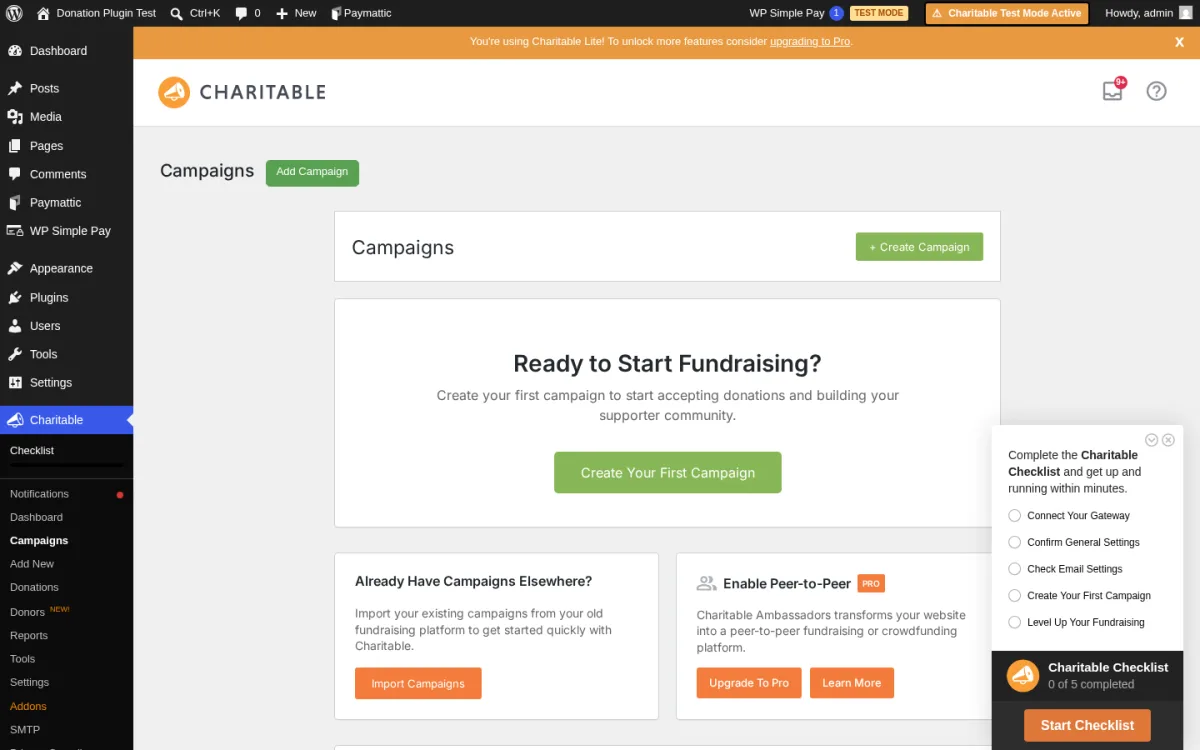 Charitable campaigns list screen with sample fundraising campaign and status indicators