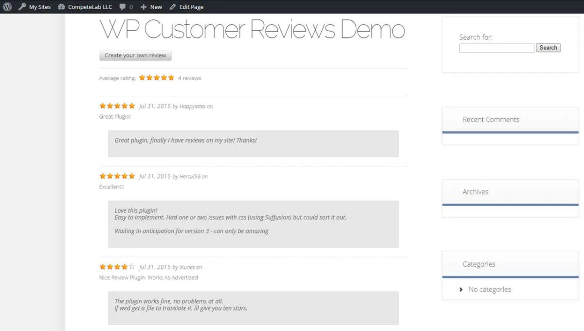 WP Customer Reviews demo page showing an average 5-star rating from 4 reviews with three individual customer reviews below, each showing a star rating, reviewer name, date, and written testimonial
