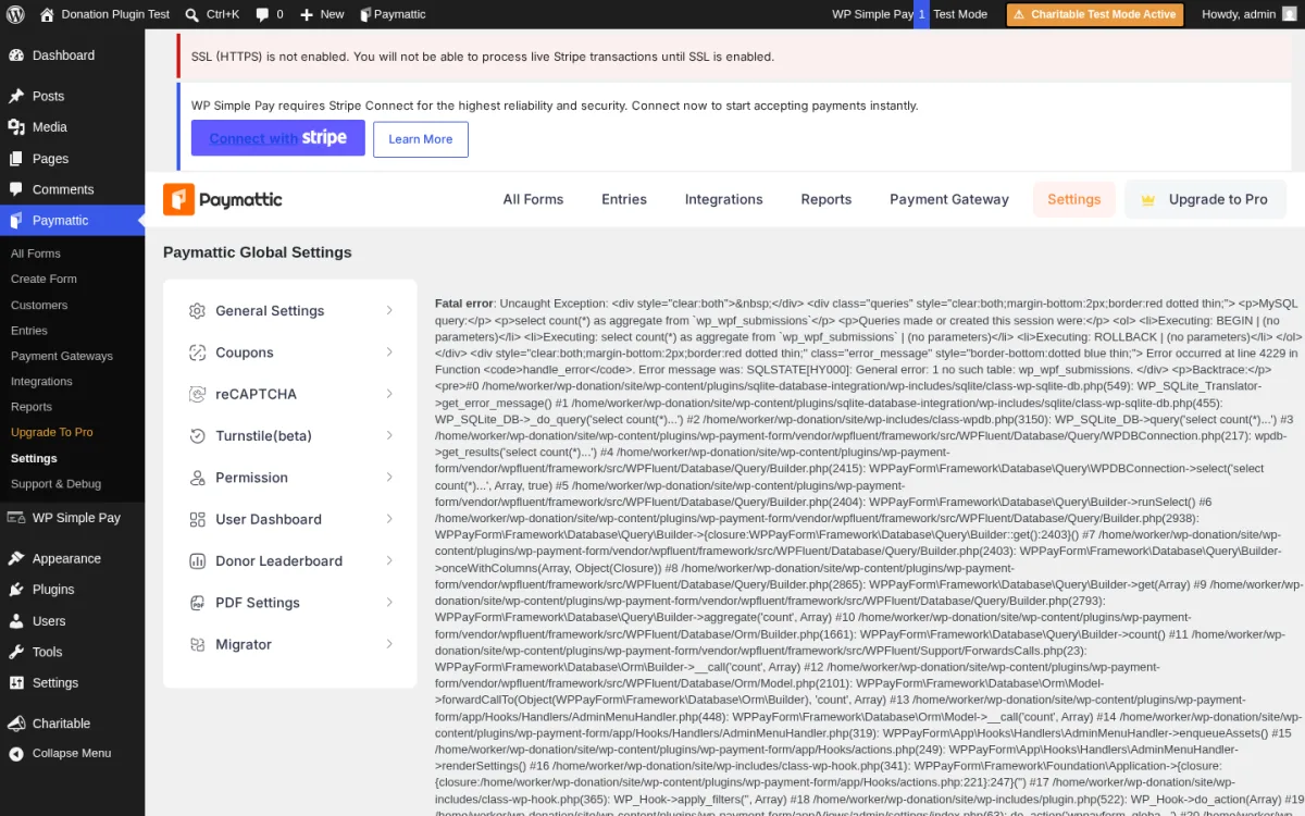 Paymattic settings page in WordPress admin showing global payment configuration and gateway options