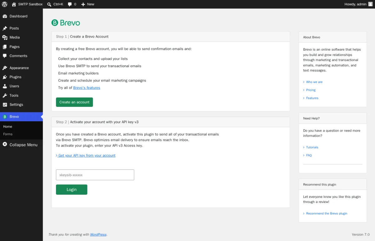Brevo 3.3.4 Home page inside a real WordPress install showing the green Brevo logo and brand name, the two-step onboarding card with Step 1 Create a Brevo Account explaining that a free Brevo account lets you collect contacts, send transactional emails via Brevo SMTP, use the email marketing builders, and schedule campaigns followed by the green Create an account button, the Step 2 Activate your account with your API key v3 panel with the Get your API key from your account link, the xkeysib-xxxxxx input field, and the green Login button, plus the About Brevo / Need Help (Tutorials, FAQ) / Recommend this plugin sidebar.