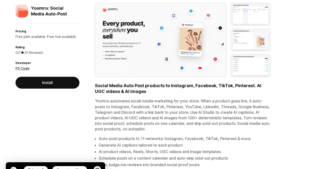 Yoomru Shopify auto-post app listing on the Shopify App Store