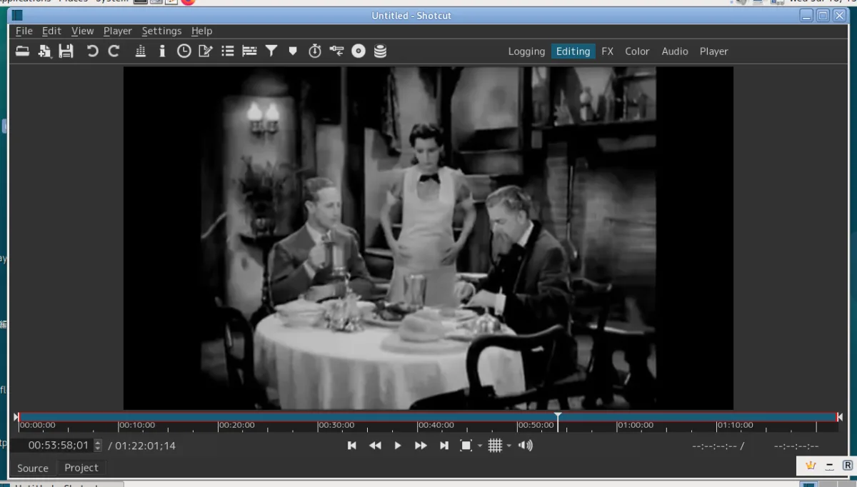 Shotcut editor UI playing back a black-and-white feature film clip in the viewer with the timeline and project panels visible below