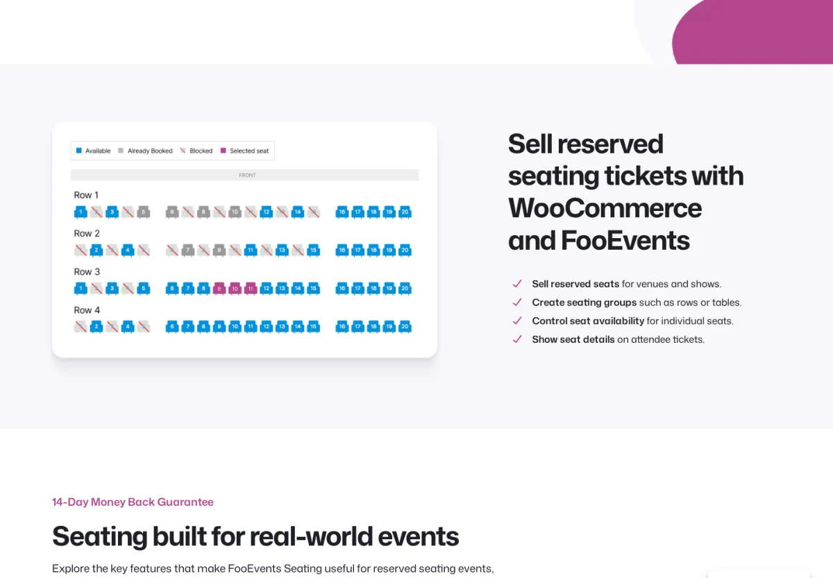 FooEvents' seating chart graphic showing numbered rows and a seat-legend key