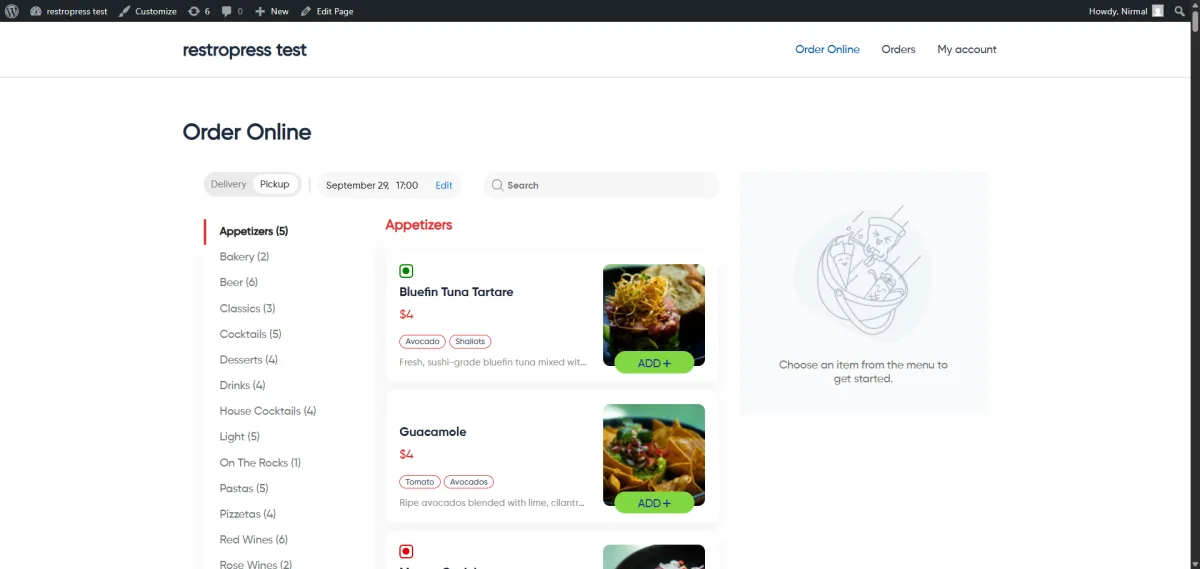 RestroPress Order Online frontend with Delivery and Pickup tabs, a date and time selector, category navigation on the left and Appetizers menu items with photos, prices and ADD buttons