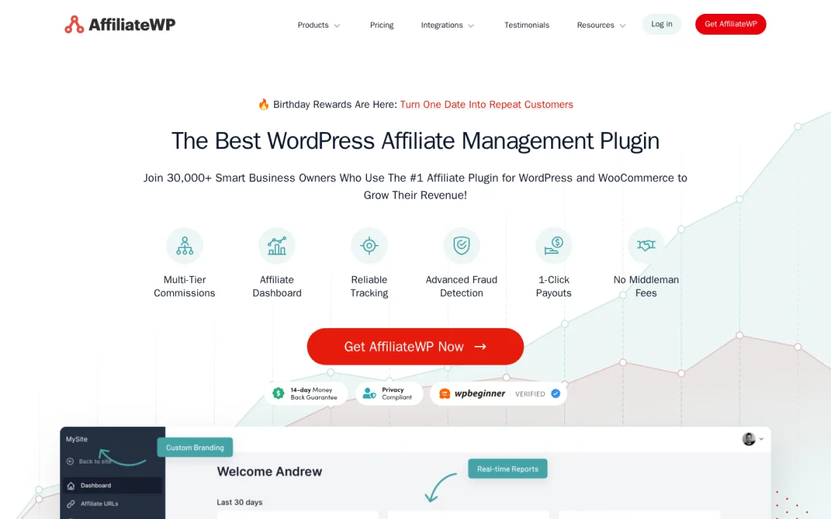 AffiliateWP WordPress affiliate management plugin homepage in 2026 showing the affiliate dashboard preview
