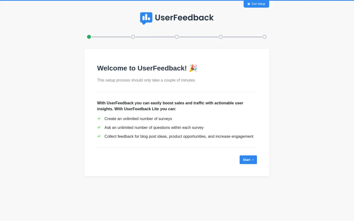UserFeedback Lite 1.11.2 setup wizard step 1: Welcome to UserFeedback, with a five-step progress bar and the Lite feature list: Create an unlimited number of surveys, Ask an unlimited number of questions within each survey, Collect feedback for blog post ideas, product opportunities, and increase engagement. Start button on the bottom right.