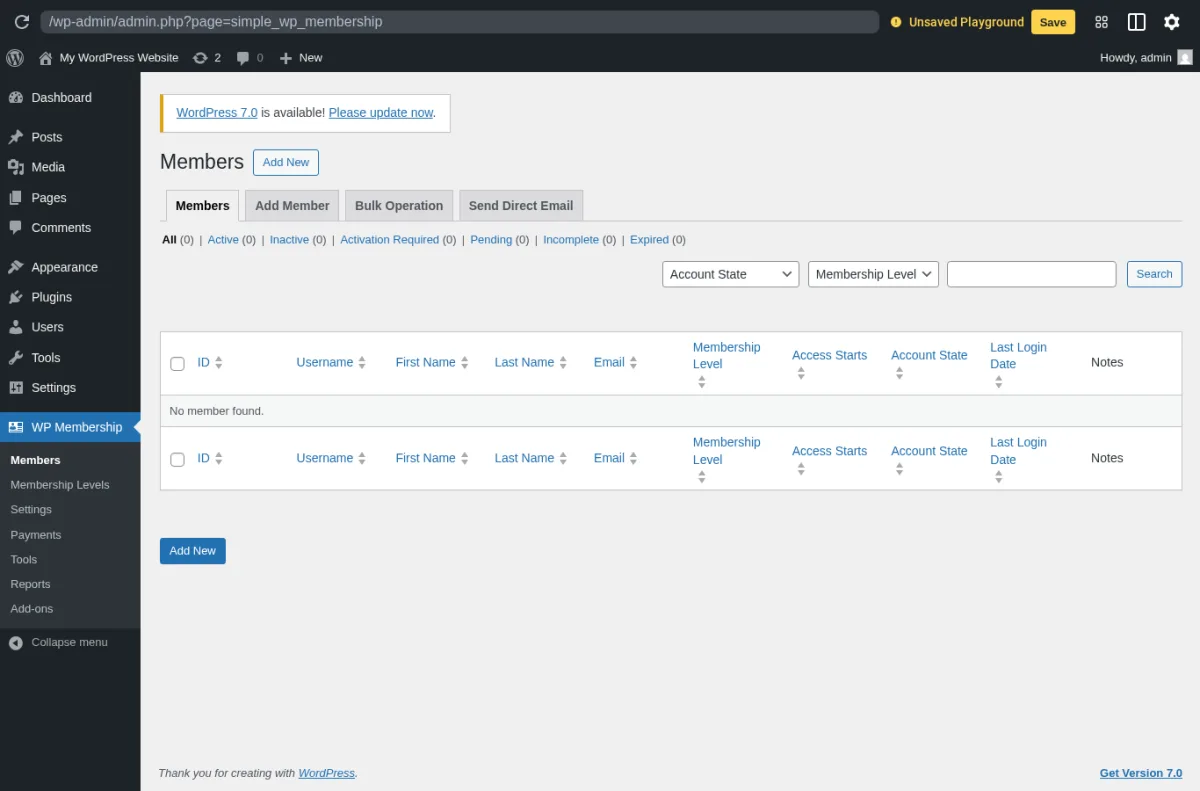 Simple Membership Members admin inside a real WordPress install showing the Members, Add Member, Bulk Operation and Send Direct Email tabs, the All Active Inactive Pending status filters, and the WP Membership top-level menu with Members, Membership Levels, Settings, Payments, Tools, Reports and Add-ons