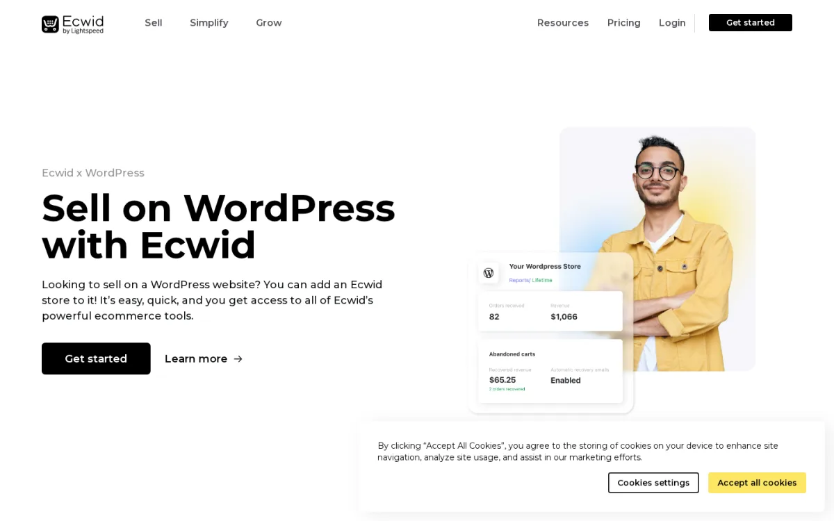 Ecwid by Lightspeed WordPress landing page showing the Sell on WordPress with Ecwid headline, a sample WordPress store dashboard with orders, revenue, abandoned carts, and recovered revenue, and the Get started call to action