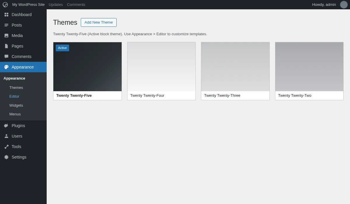 WordPress 7.0 Appearance menu expanded with the Editor submenu item visible for a block theme