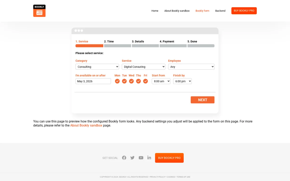 Bookly Pro front-end booking form — Service step