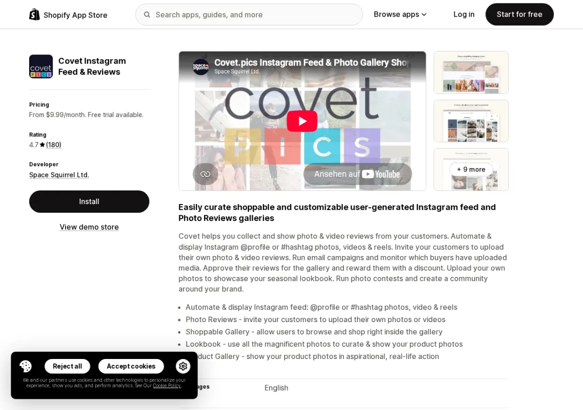 Covet Instagram Feed and Reviews by Space Squirrel Shopify App Store listing showing the app name, 4.7-star rating, and shoppable UGC gallery screenshots