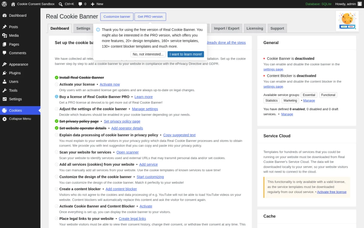 Real Cookie Banner dashboard inside WordPress admin showing settings, scanner, services, content blocker, consent, import export, licensing and support tabs