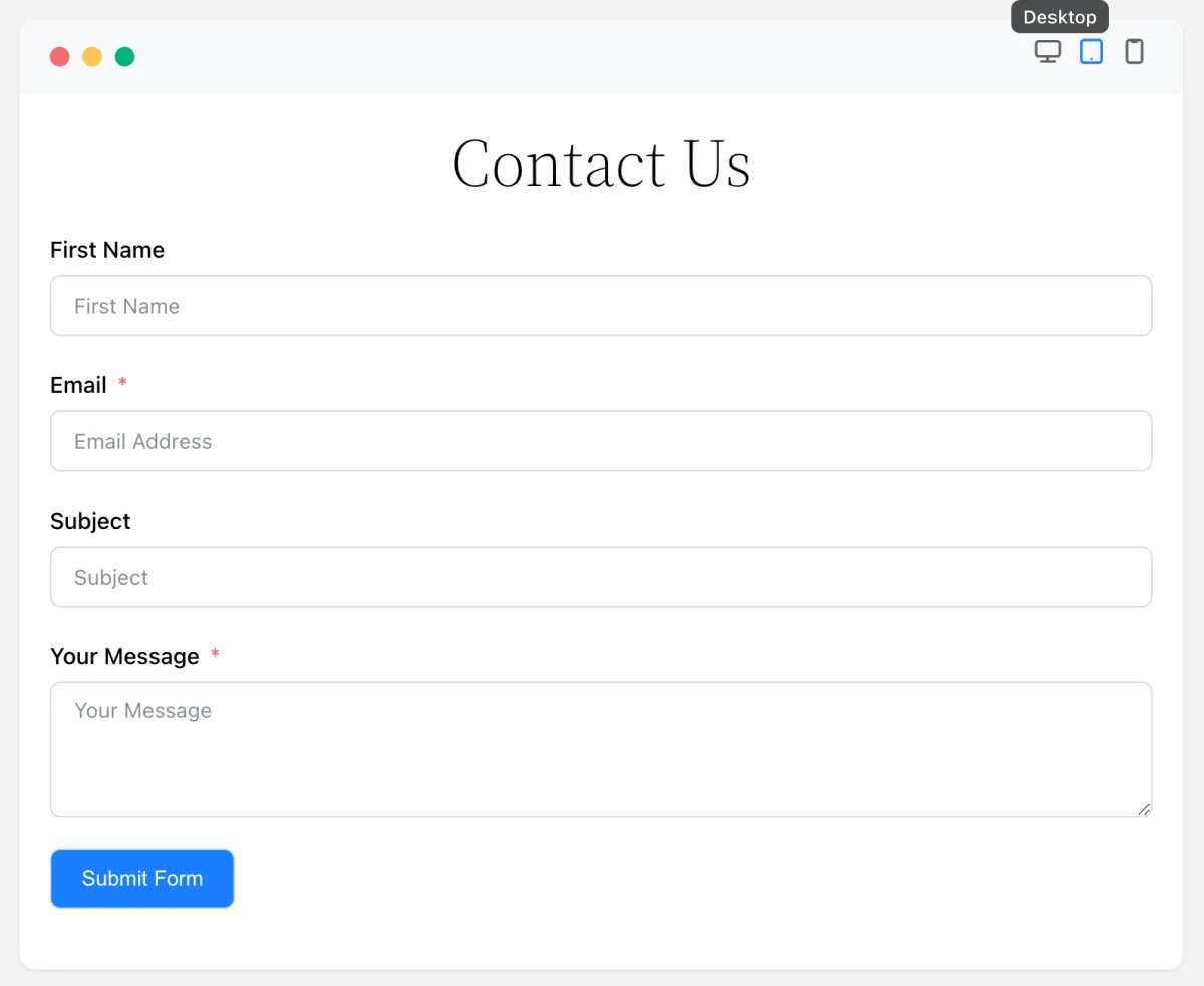 Fluent Forms Contact Us frontend preview on desktop with First Name, Email, Subject and Your Message fields and a Submit Form button