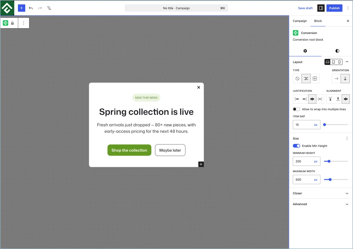 ConvertForce Gutenberg-native popup builder interface showing a block editor workflow for creating notification bars, lightbox popups and slide-ins in WordPress