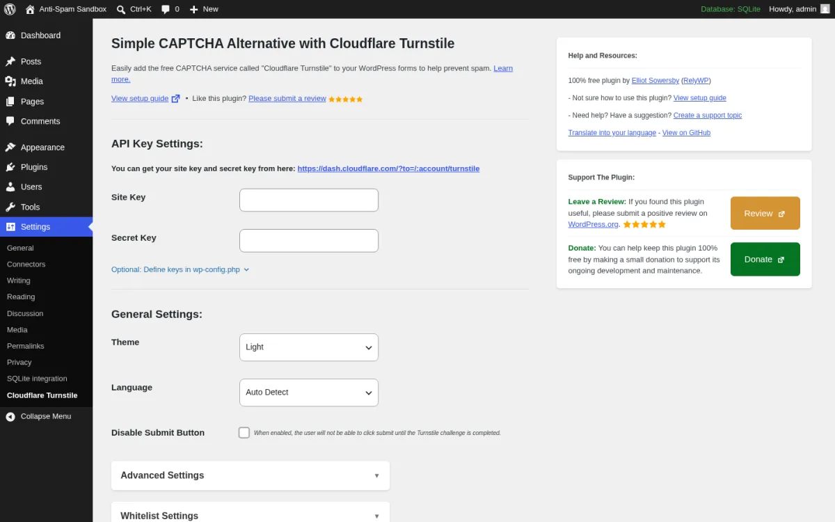 Simple CAPTCHA Alternative with Cloudflare Turnstile 1.40.0 settings page inside a real WordPress 7.0 install showing the title heading, the View setup guide and Please submit a review links, the API Key Settings section with the Cloudflare dash link, the Site Key and Secret Key text inputs, the Optional Define keys in wp-config.php disclosure, the General Settings section with Theme drop-down set to Light, Language drop-down set to Auto Detect, Disable Submit Button checkbox, the Advanced Settings and Whitelist Settings accordions below, and the right-rail Help & Resources panel (100 percent free plugin by Elliot Sowersby and RelyWP, View setup guide, Create a support topic, Translate, View on GitHub) plus the Support The Plugin panel with Review and Donate buttons.