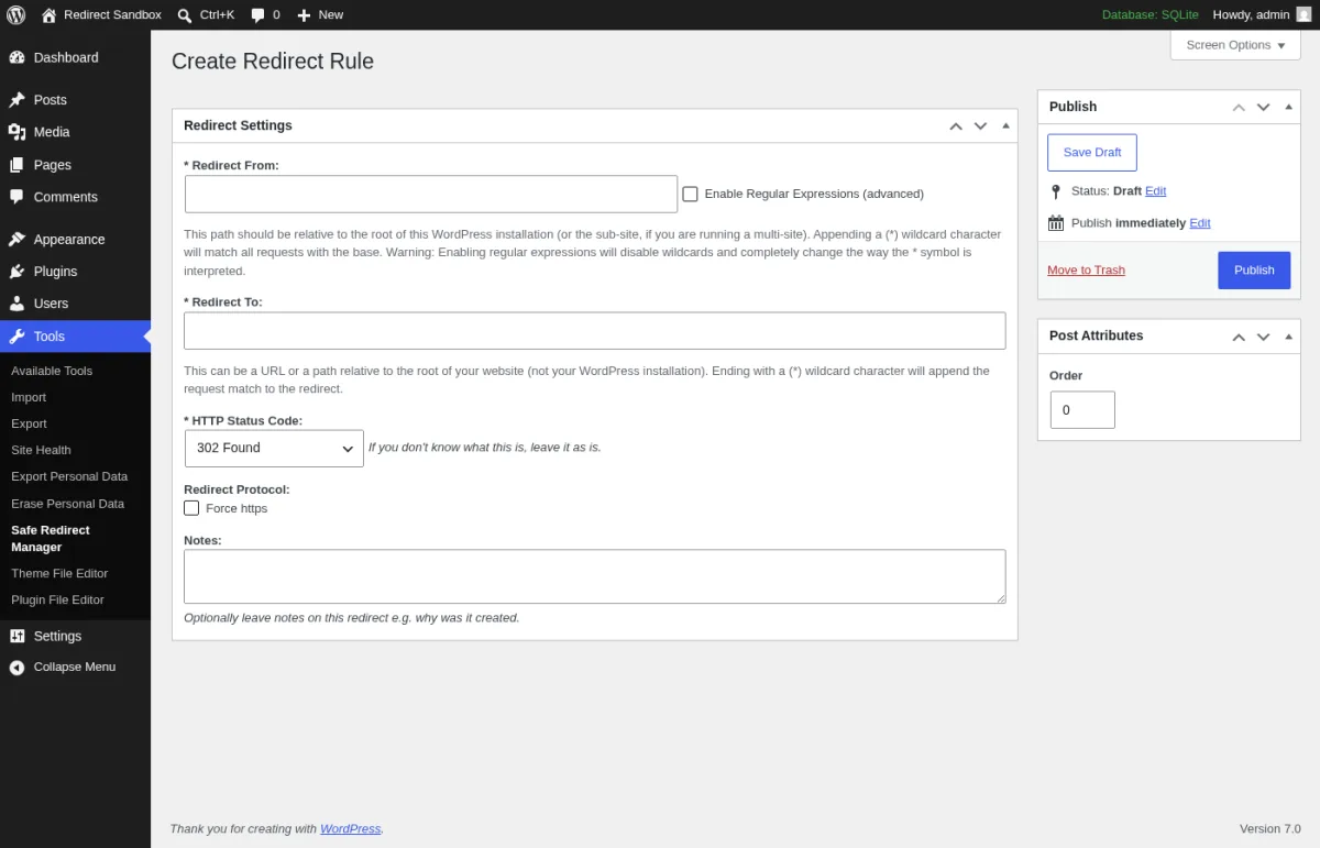 Safe Redirect Manager admin screen for adding a new redirect with source, target and status code fields
