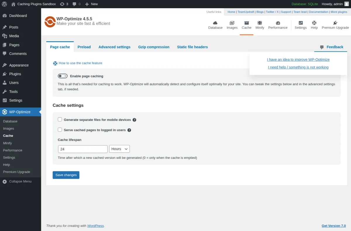 WP-Optimize 4.5.5 Cache settings page inside a real WordPress install showing the Page cache, Preload, Advanced settings, Gzip compression and Static file headers tabs, the Enable page caching toggle off, Cache settings with Generate separate files for mobile devices and Serve cached pages to logged in users checkboxes, the Cache lifespan input set to 24 Hours, and the Save changes button.