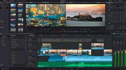 DaVinci Resolve Edit page showing San Francisco cityscape clips in the timeline, dual viewers, audio mixer, and inspector panels