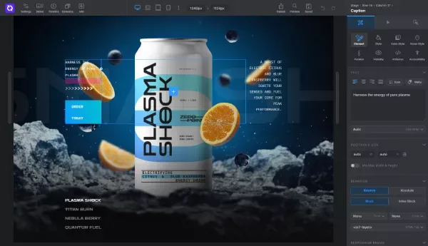 Slider Revolution visual module editor showing a hero slide on the canvas, the animation timeline docked at the bottom, the layers panel on the left and the slide options panel on the right