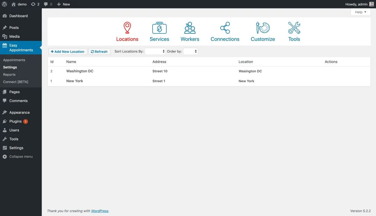 Easy Appointments settings panel showing Locations, Services, Workers, Connections, Customize, and Tools tabs