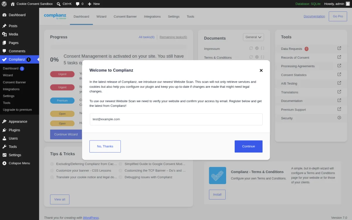 Complianz dashboard inside WordPress admin showing dashboard, wizard, consent banner, integrations, settings, tools and documentation tabs