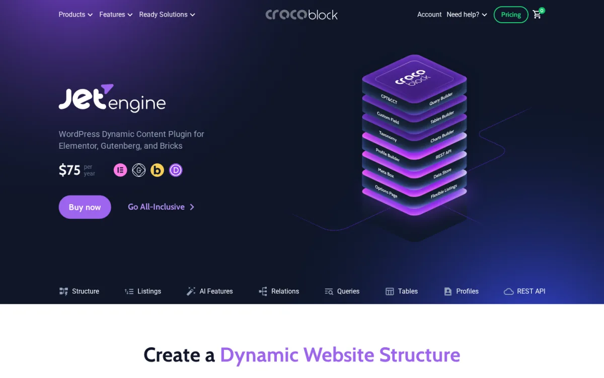 JetEngine product page at crocoblock.com/plugins/jetengine showing the JetEngine wordmark, the WordPress Dynamic Content Plugin for Elementor, Gutenberg, and Bricks tagline, the Crocoblock attribution, the $75 Buy now button and Go All-Inclusive link, and the in-page section tabs (Structure, Listings, AI Features, Relations, Queries, Tables, Profiles, REST API).