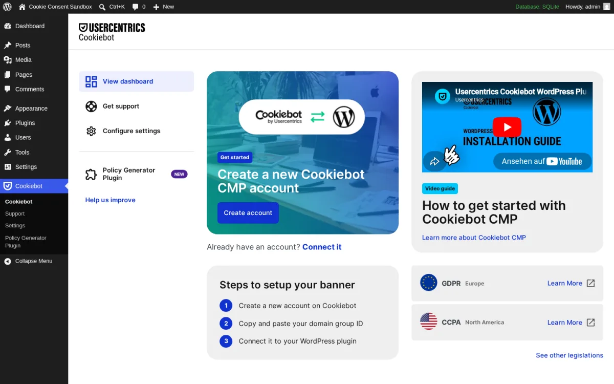 Cookiebot by Usercentrics setup screen inside WordPress admin asking the user to create or connect a Cookiebot CMP account