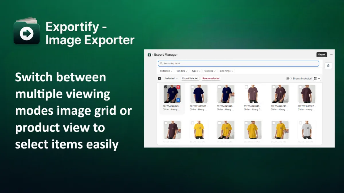 Exportify Image Exporter showing product image grid view and export selection interface