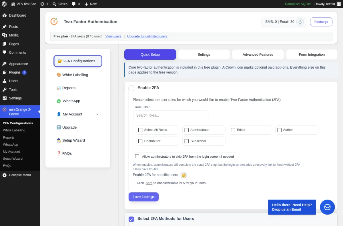 miniOrange Two-Factor Authentication Quick Setup tab in WordPress admin showing the Free plan 2FA seats counter, the user role checkbox grid for enabling 2FA, and the left sidebar with 2FA Configurations, White Labelling, Reports, WhatsApp, My Account, Upgrade, and Setup Wizard entries