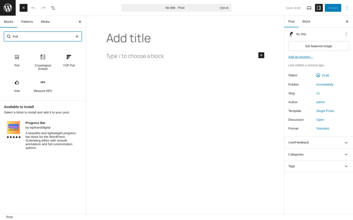 WordPress 6.9.4 block editor with the block inserter open and Poll typed into the search. The results list shows the Crowdsignal Forms 1.8.1 Poll, Crowdsignal Embed, Vote, and Measure NPS blocks plus the YOP Poll block.