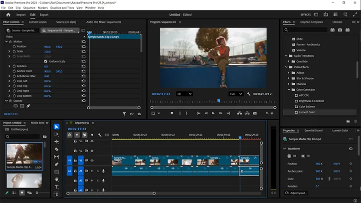 Adobe Premiere Pro editor UI on Windows with source and program monitors and a multitrack timeline holding video and audio clips