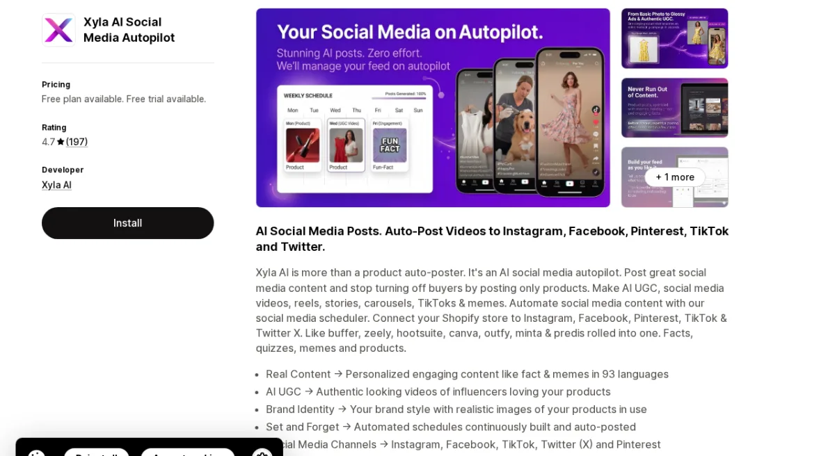 Xyla AI Shopify social auto-post app listing on the Shopify App Store