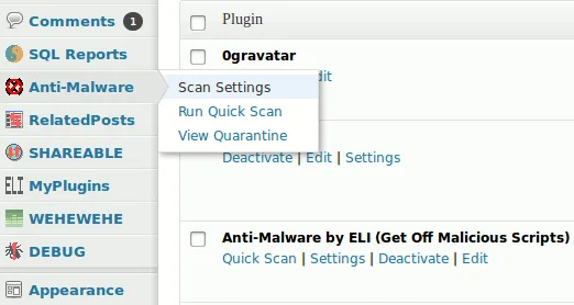 Anti-Malware Security and Brute-Force Firewall (GOTMLS) plugin admin page showing malware definition updates and scan controls