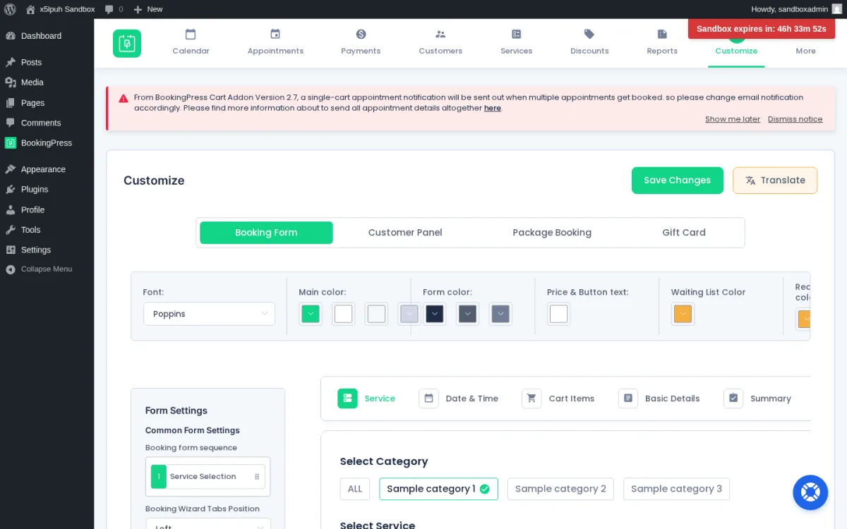 BookingPress Customize module — Booking Form, Customer Panel, Package Booking, Gift Card tabs with live preview