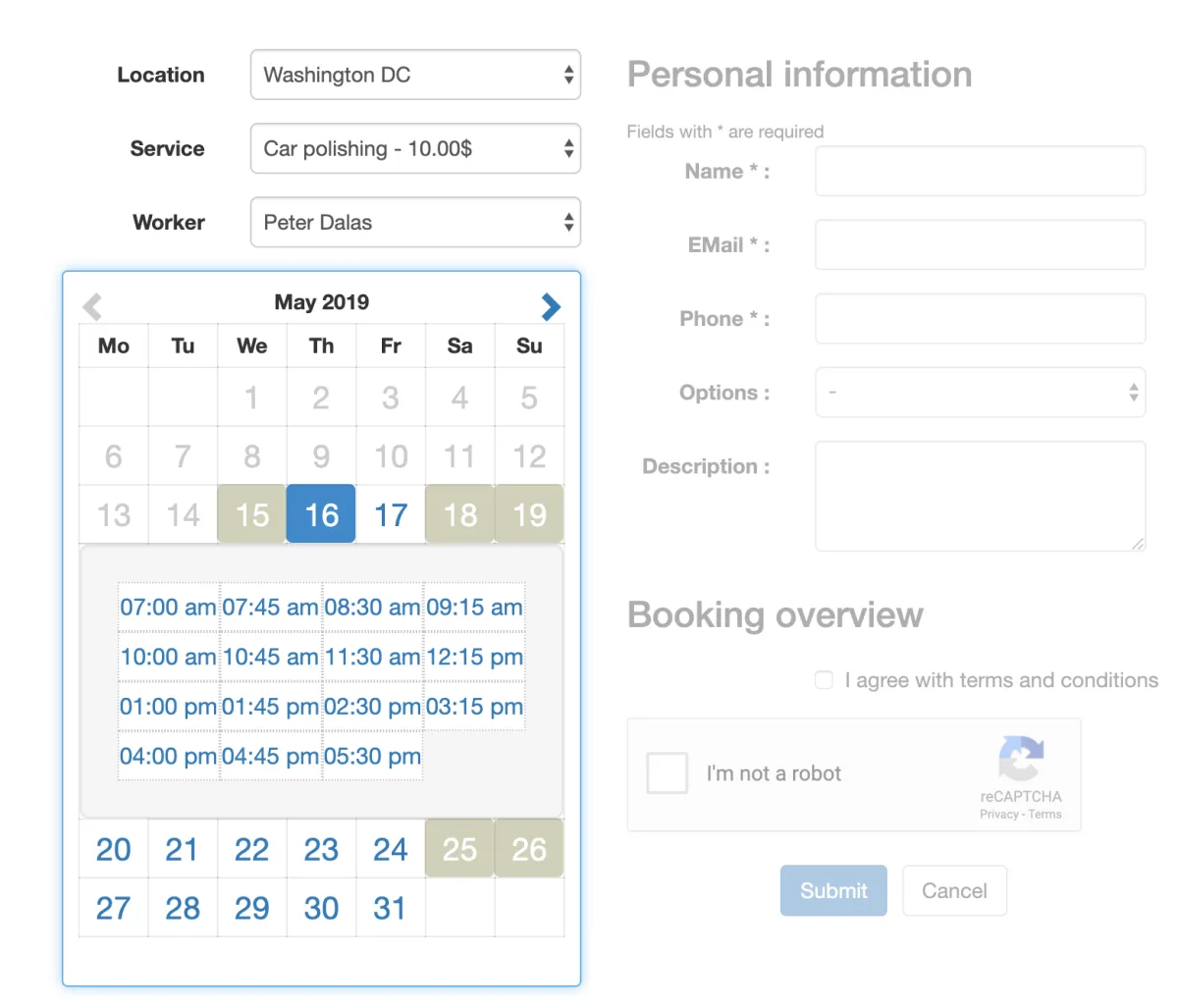Easy Appointments two-column responsive booking form showing location, service, worker dropdowns with calendar and personal information fields